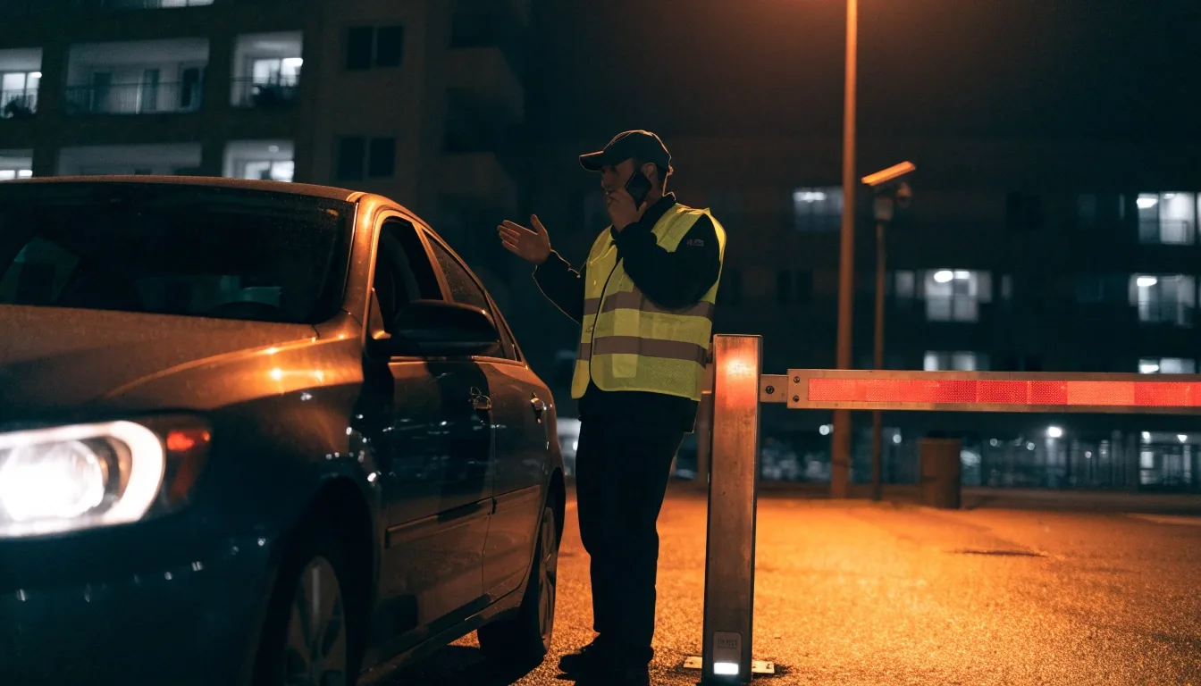 Car park barrier arm mid-rise under sodium light at an airport precinct