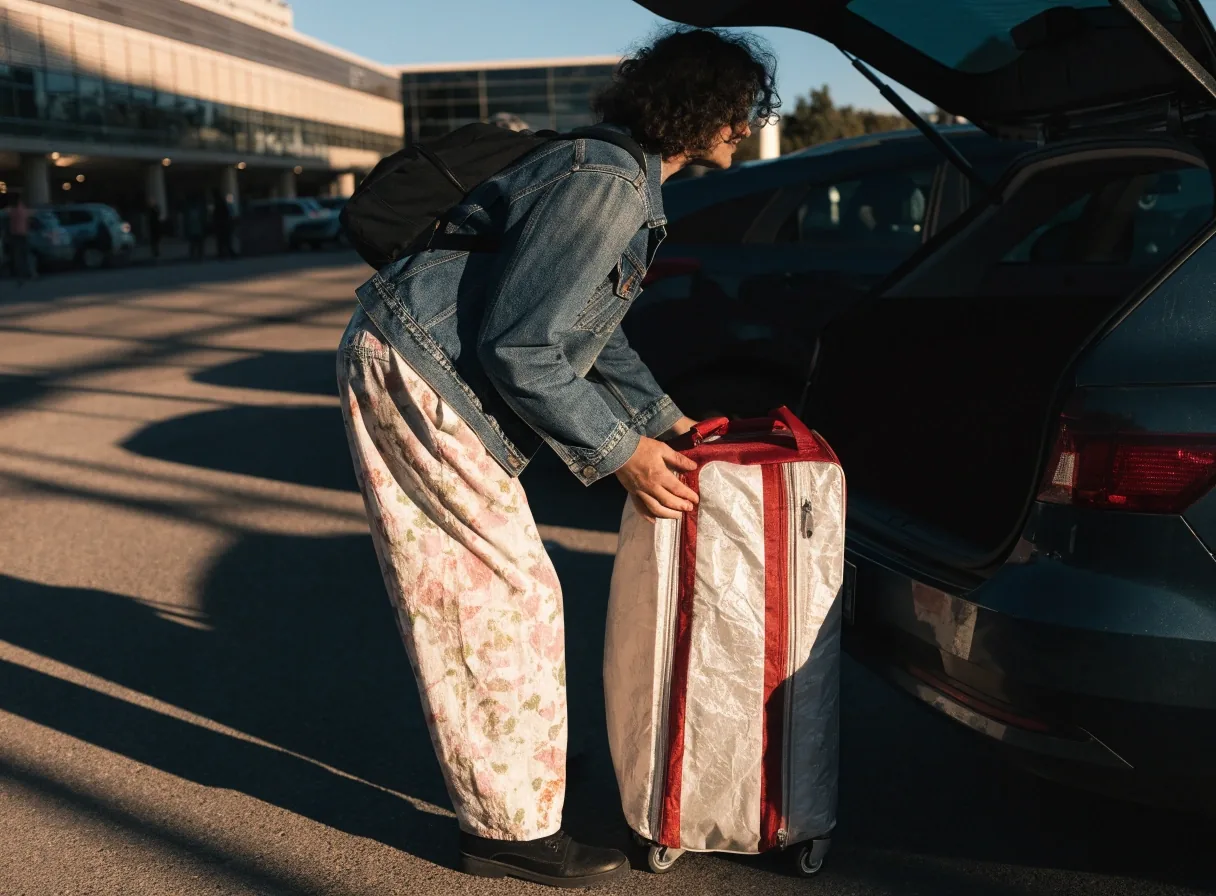 Open-air rows of a long-stay car park near the domestic terminals, a traveller loading a suitcase beside their car in hard afternoon light
