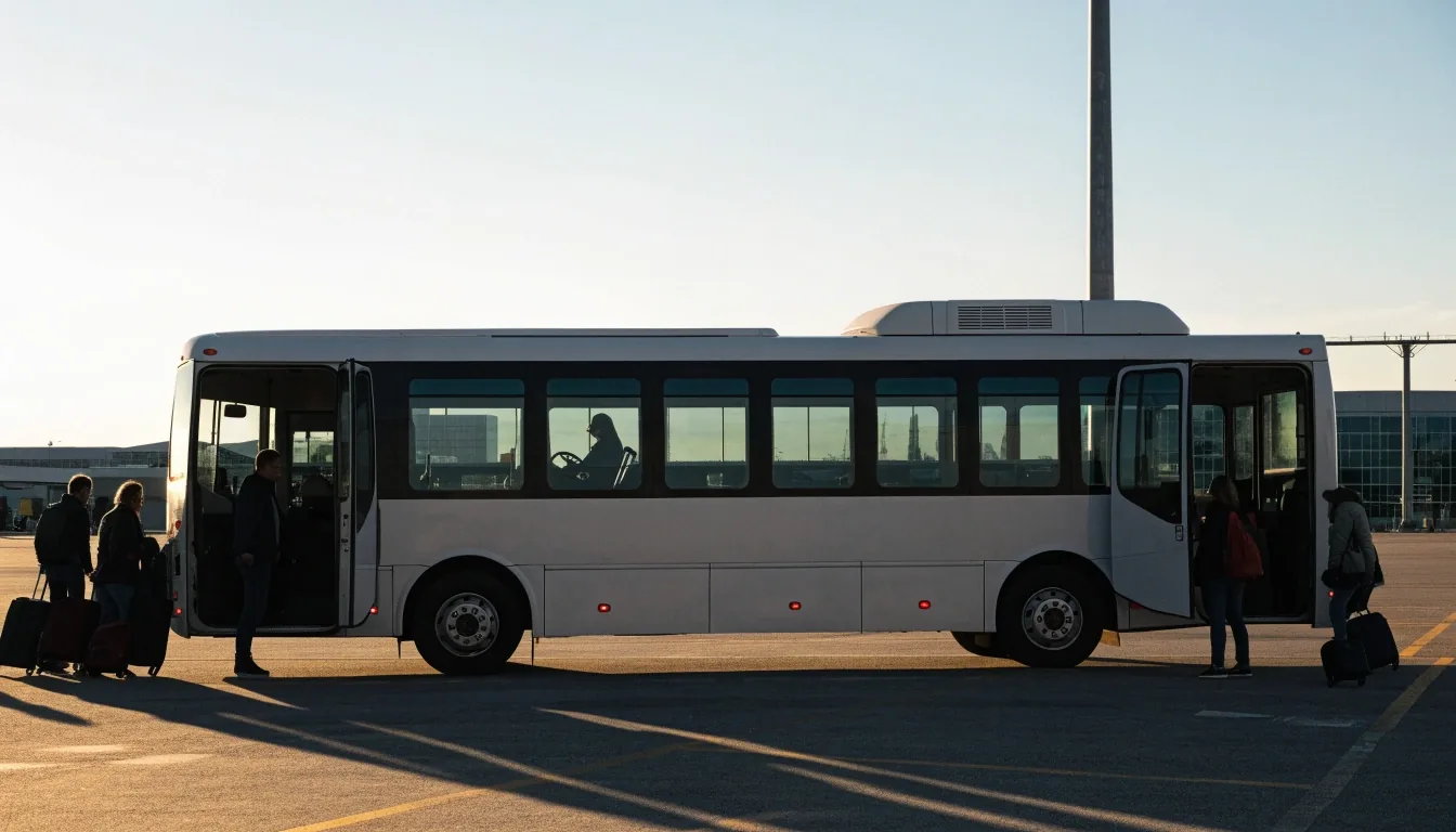 Shuttle bus waiting with doors open at a bay on the airport precinct apron in late afternoon light
