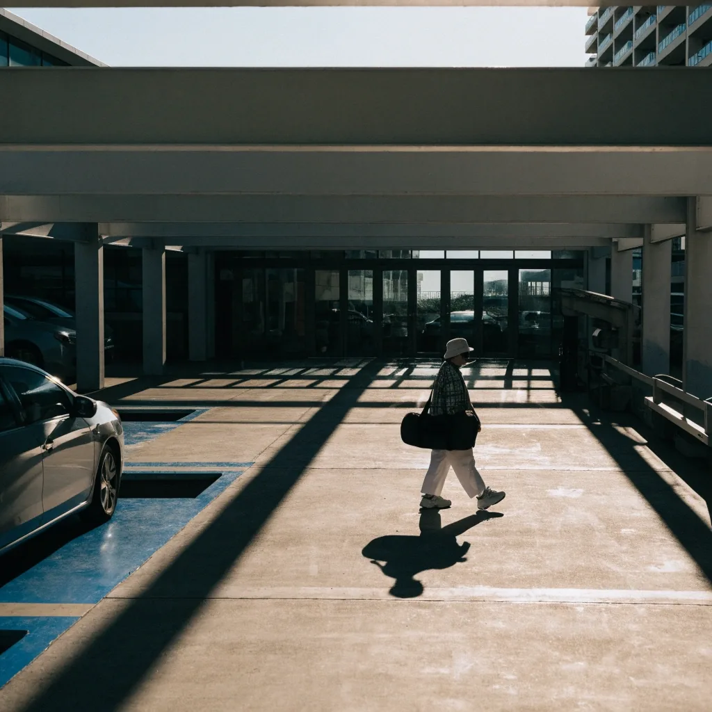 Upper deck of a domestic airport car park with parked cars in painted bays and a traveller walking toward the terminal exit