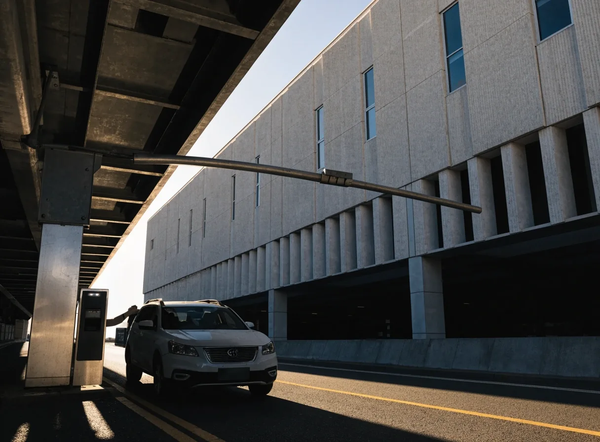 Car park entry gantry at a Sydney Airport precinct under hard afternoon sun, boom arm lifting