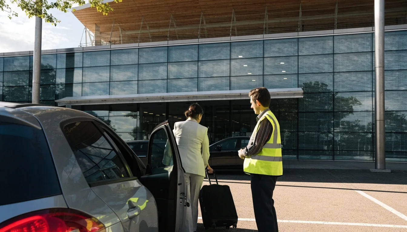 Precinct shuttle bus on an airport apron road at daylight, side profile with slight motion blur