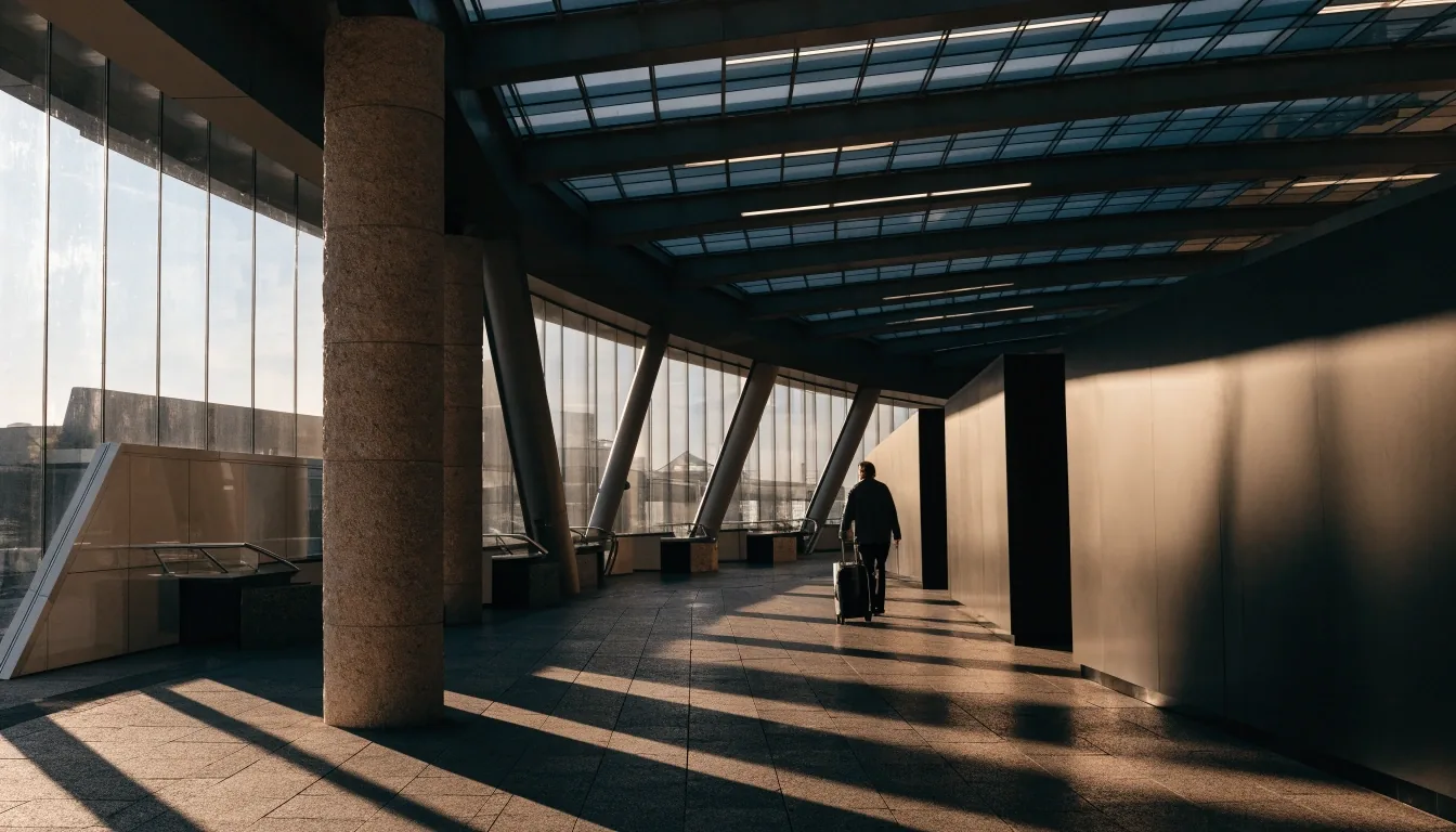 Traveller with a wheeled case crossing the covered walkway at the domestic terminal