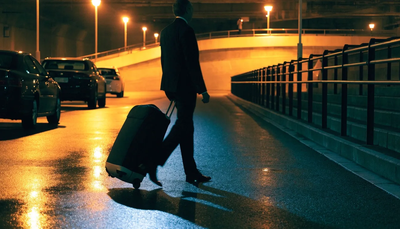 Covered airport car park corridor at night with sodium light pools between rows of parked cars