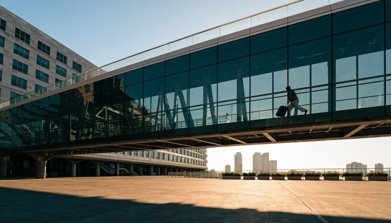 Covered walkway bridge above a domestic terminal forecourt in afternoon light