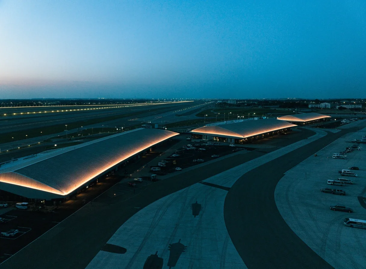 Domestic terminal precinct apron at dusk from an elevated viewpoint