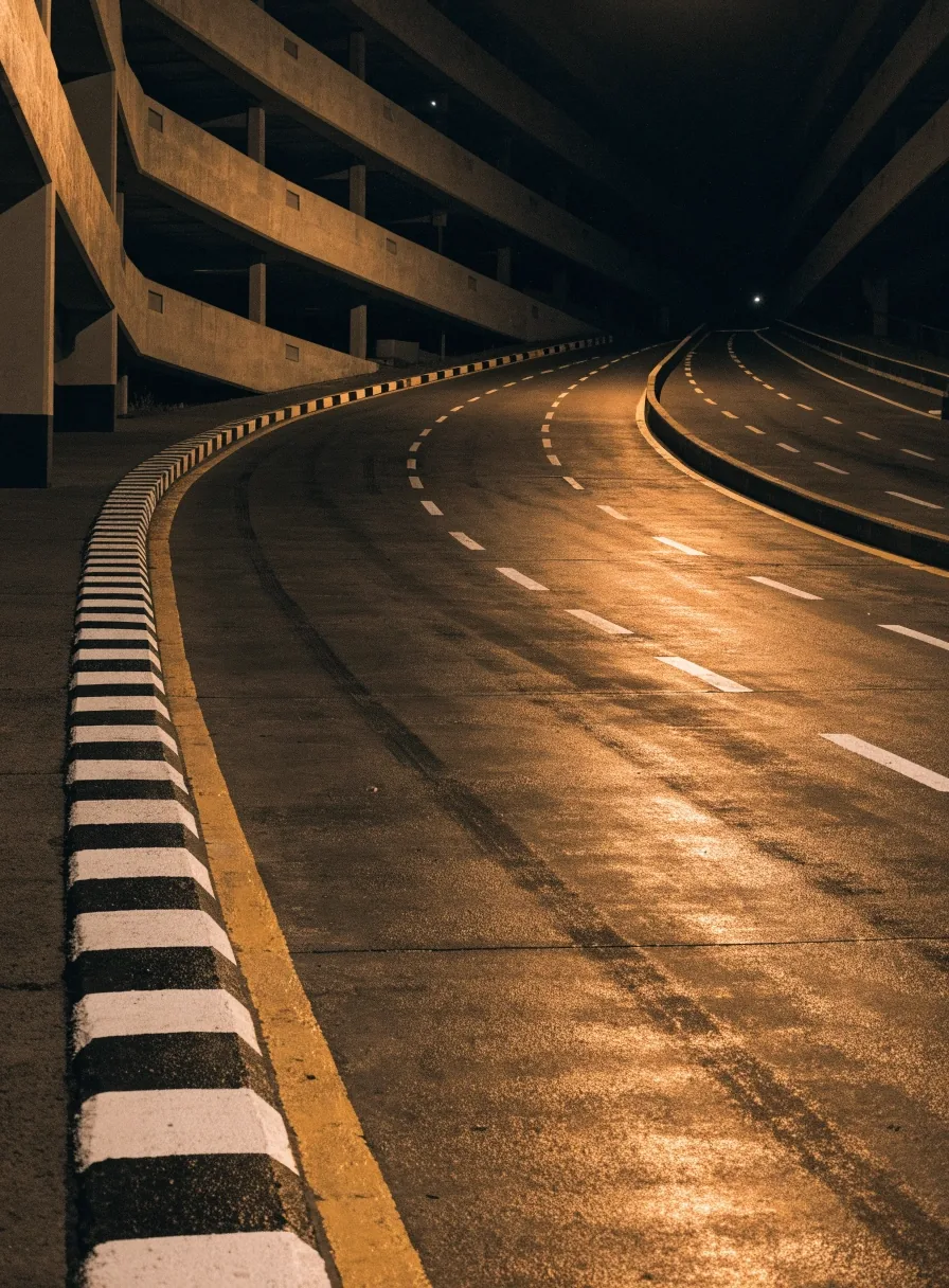 Multi-storey car park ramp entrance at night under amber light